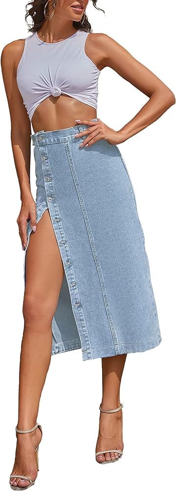 Women's Casual High Waisted Solid Button Up Denim Jean Skirt | Amazon (US)