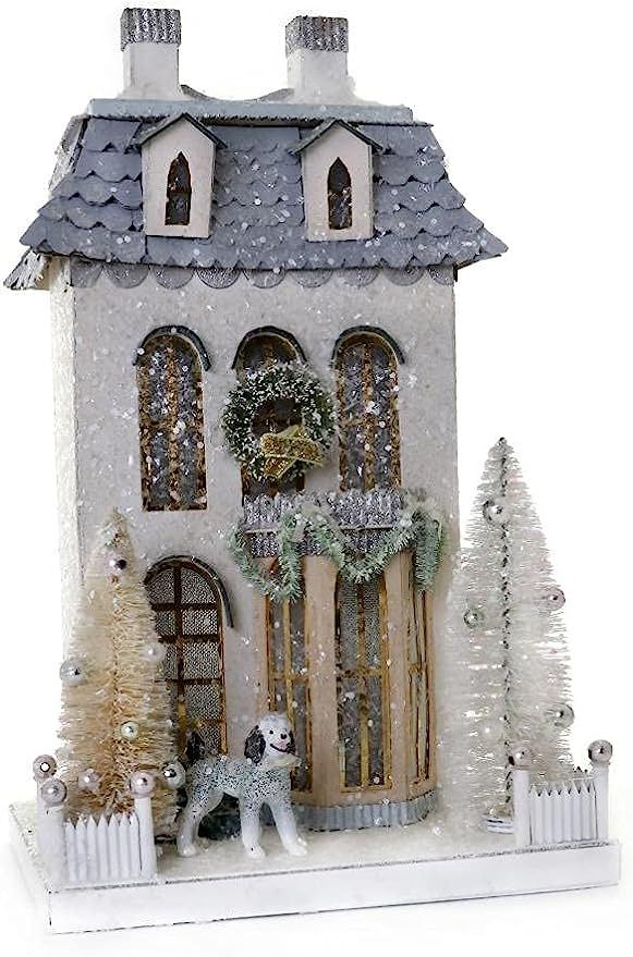 White and Blue 15" Christmas Village Chateau House with Poodle Dog | Amazon (US)