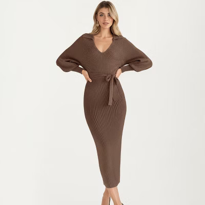 Anna-Kaci Women's Long Sleeve Ribbed Knit Design Midi Dress with V-Neck and Waist Tie - Small, Brown | Target