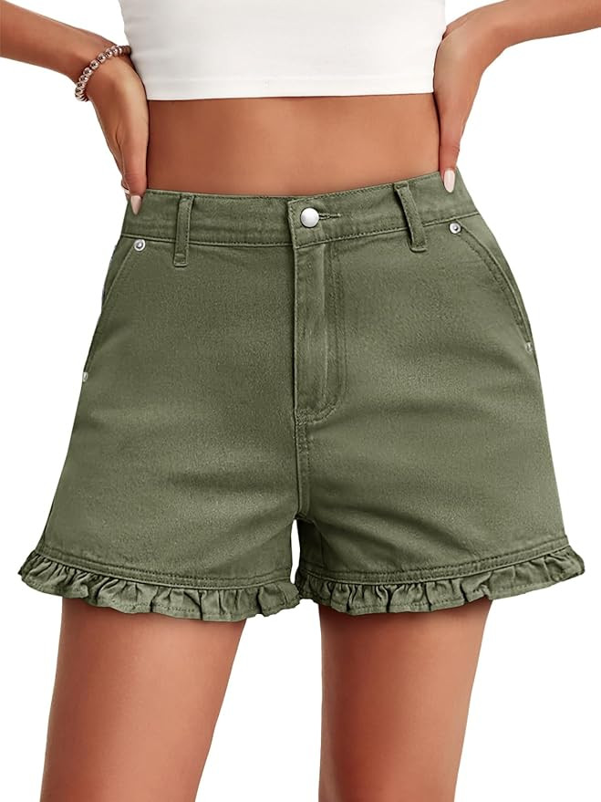 Aoysky Womens Summer Ruffle Denim Shorts Cute High Waisted Cotton Short Jeans with Pockets | Amazon (US)