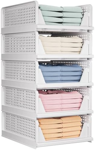 5 Pack Folding Closet Organizers Storage Box, Stackable Storage Bins, Plastic Drawer Basket Close... | Amazon (US)