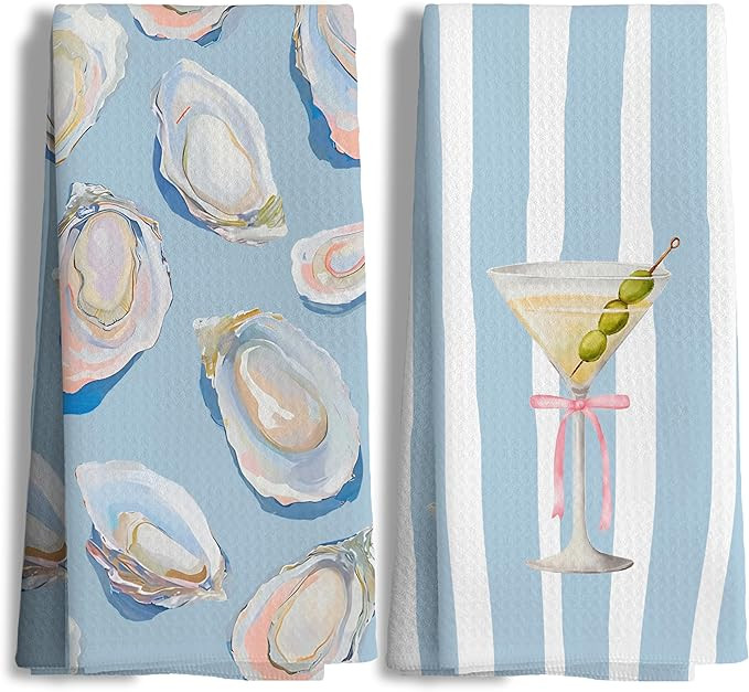 Coastal Oyster Shell and Martini Kitchen Towels Set of 2, Watercolor Seafood Cocktail Hand Towels... | Amazon (US)