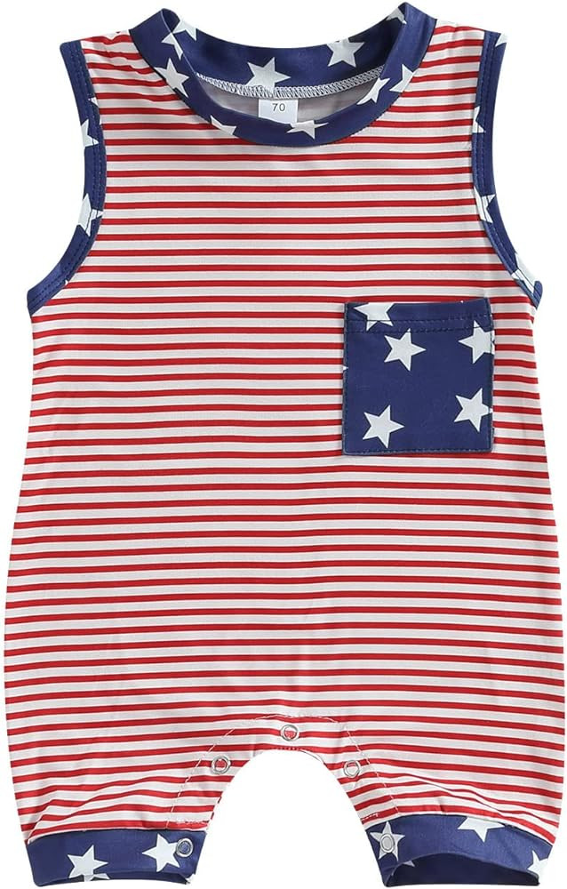 Twopumpkin Newborn Baby Boy Girl 4th of July Outfit American Flag Romper Sleeveess Jumpsuit Memor... | Amazon (US)