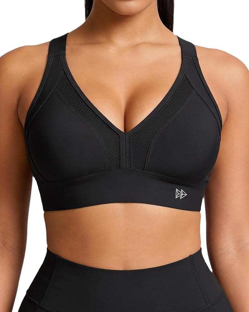Yvette Sports Bras for Women High Impact Support, Sleek V-Neck with Adjustable Criss Cross Straps... | Amazon (US)