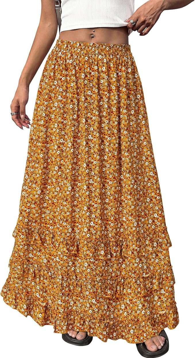 BTFBM Skirts for Women Summer Flowy A-Line Floral Boho Maxi Skirt Long Wedding Guest Dresses Spri... | Amazon (US)