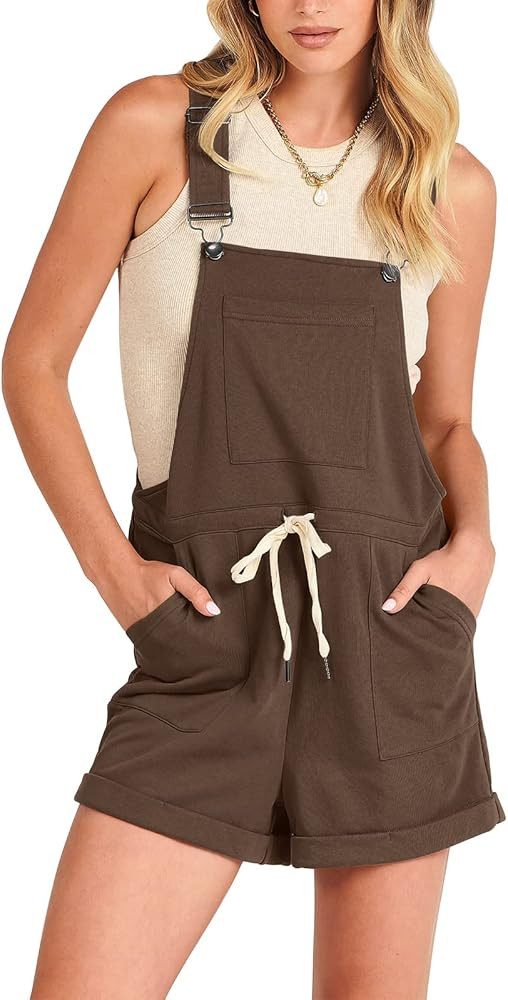 ANRABESS Women's Casual Straps Short Bib Overalls Basic Sleeveless Drawstring Romper Jumpsuits | Amazon (US)