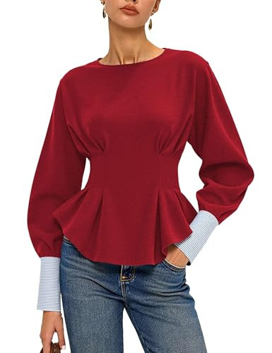 Bozanly Women's Cinch Waist Peplum Sweatshirt Crew Neck Balloon Sleeve Babydoll Pullover Tops(1074-Red-M) | Amazon (US)