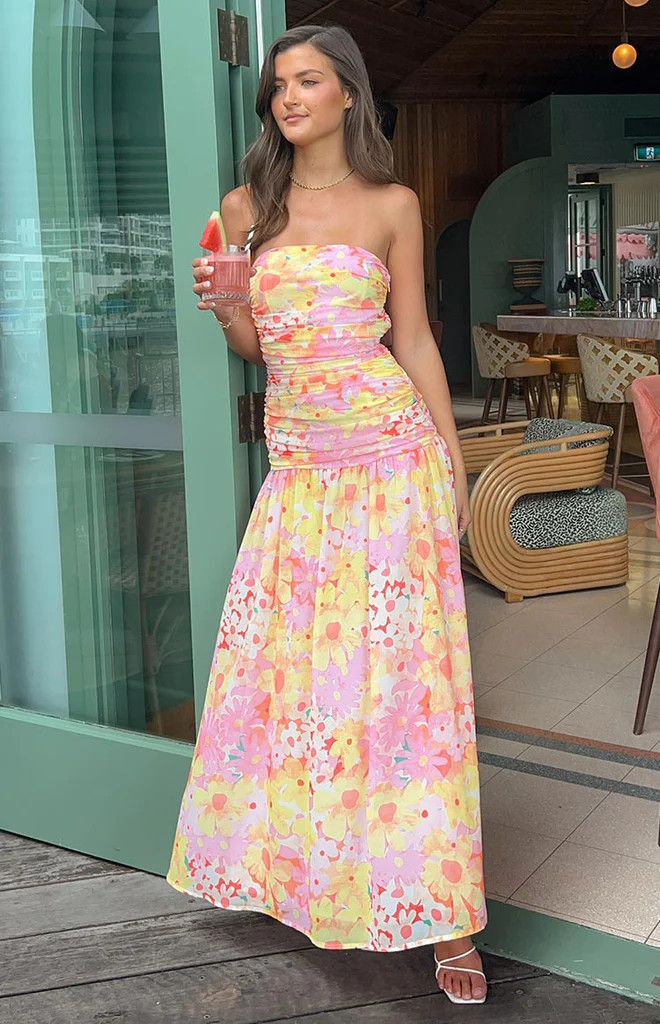 Sinclair Yellow Floral Print Strapless Maxi Dress | Beginning Boutique (US)