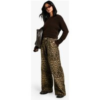 boohoo Women's Petite Faded Denim Leopard Print Wide Leg Jean in Animal | Size: 12 | boohoo (US & Canada)