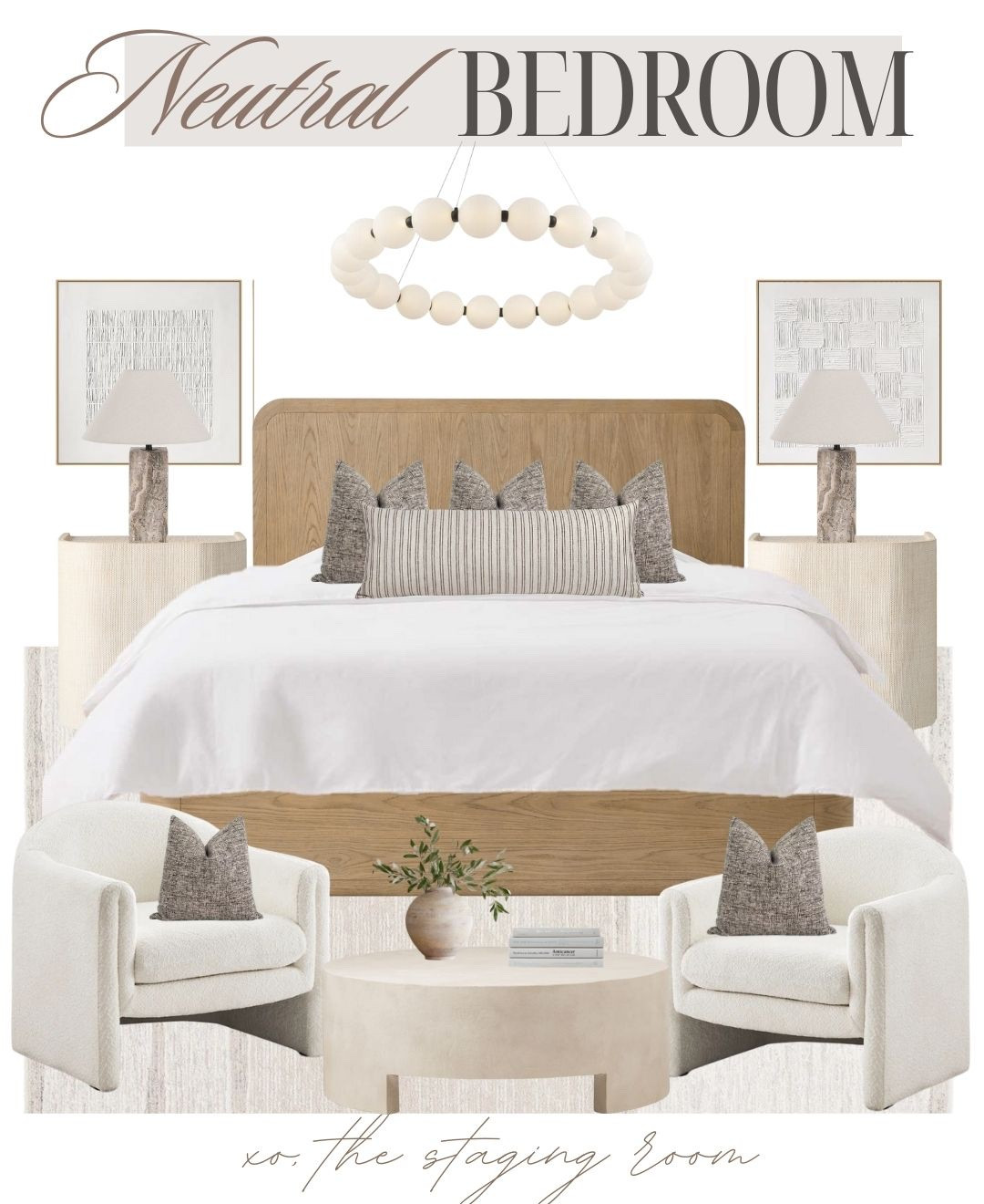 Classic, modern, contemporary bedroom ✨

___

Nightstands, bedroom storage, bedroom dresser, storage bench, accent chair, boucle chair, side table, drink table, pillows, cushion, pillow covers, wall art, chandelier, low bed, upholstered bed, queen bed, king bed, white bed, ivory rug, neutral bedroom.  
