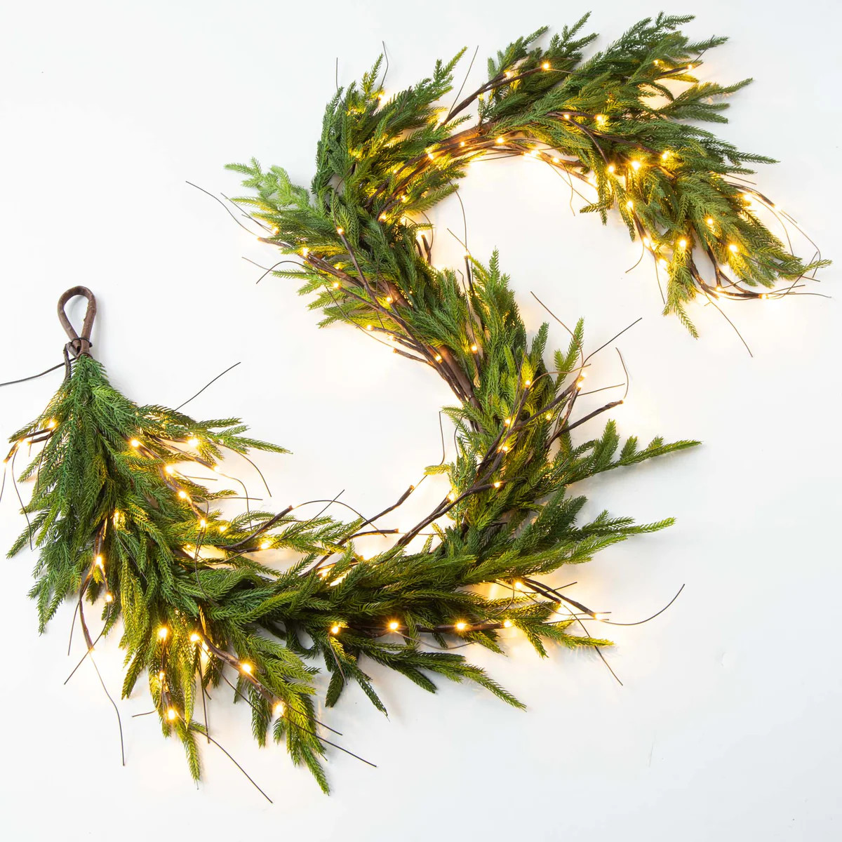 Twig Light & Real Touch Green Norfolk Pine Pre-Lit Winter Christmas Mantle Garland Table Runner | Darby Creek Trading