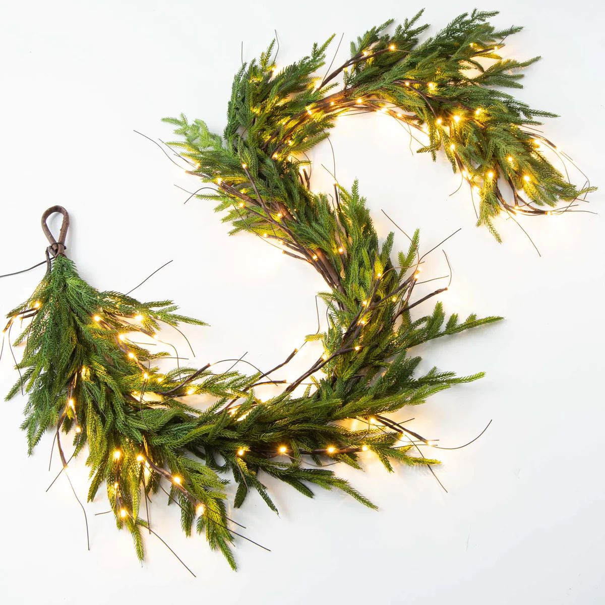 Twig Light & Real Touch Green Norfolk Pine Pre-lit Winter Christmas Mantle Garland Table Runner | Darby Creek Trading