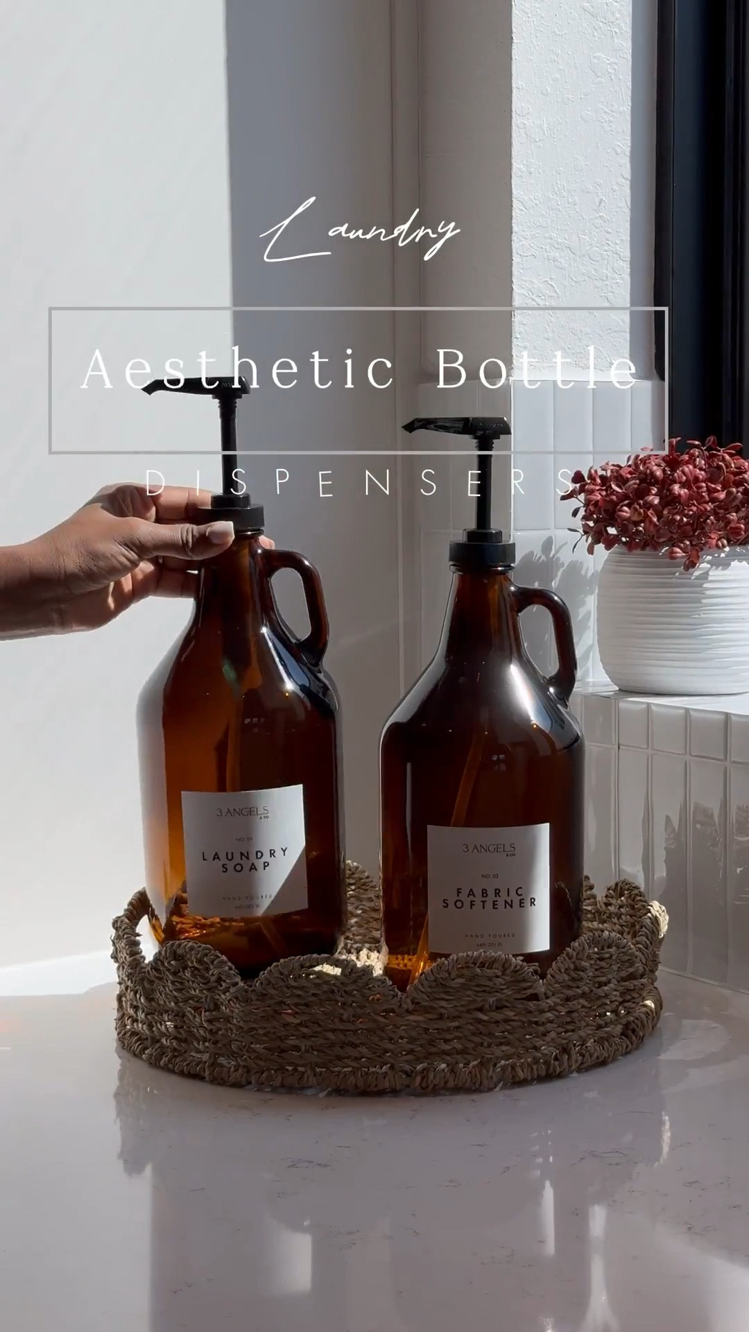 Amber glass anything is a go for me ... so when I found these STUNNING bottles, I had to! ☺️.. I love how solid they are plus the handle gives aesthetic touch. They are 2L, include a measuring cup, plus a silicone tray which fits both bottles. Pre printed labels are included plus 2 blank to customize!

#LTKStyleTip #LTKHome #LTKSaleAlert