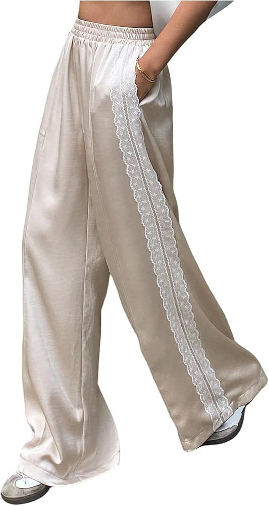 Women's Y2k Lace Baggy Pants Elastic Waist Wide Leg Satin Casual Trousers | Amazon (US)