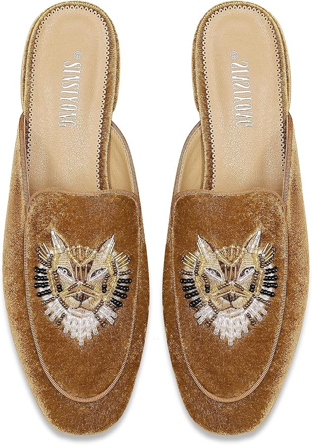 Embroidered Mules for Women Round Toe Backless Velvet Mules Lion Head Pattern Loafers | Amazon (US)