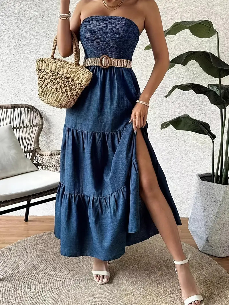 Strapless Split Hem Tiered Tube Dress Casual Straight Neck A - Temu | Temu Affiliate Program