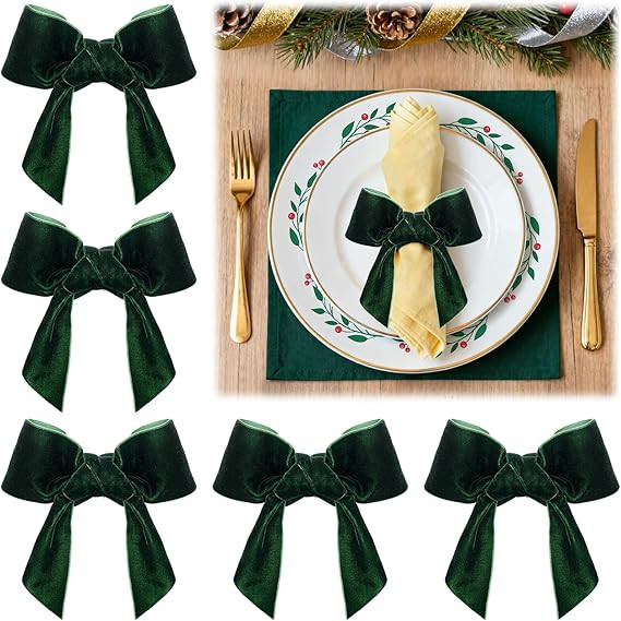 Green Velvet Bow Christmas Napkin Rings Set of 6 - Beautiful Napkin Holder Rings for Holiday Dinn... | Amazon (US)