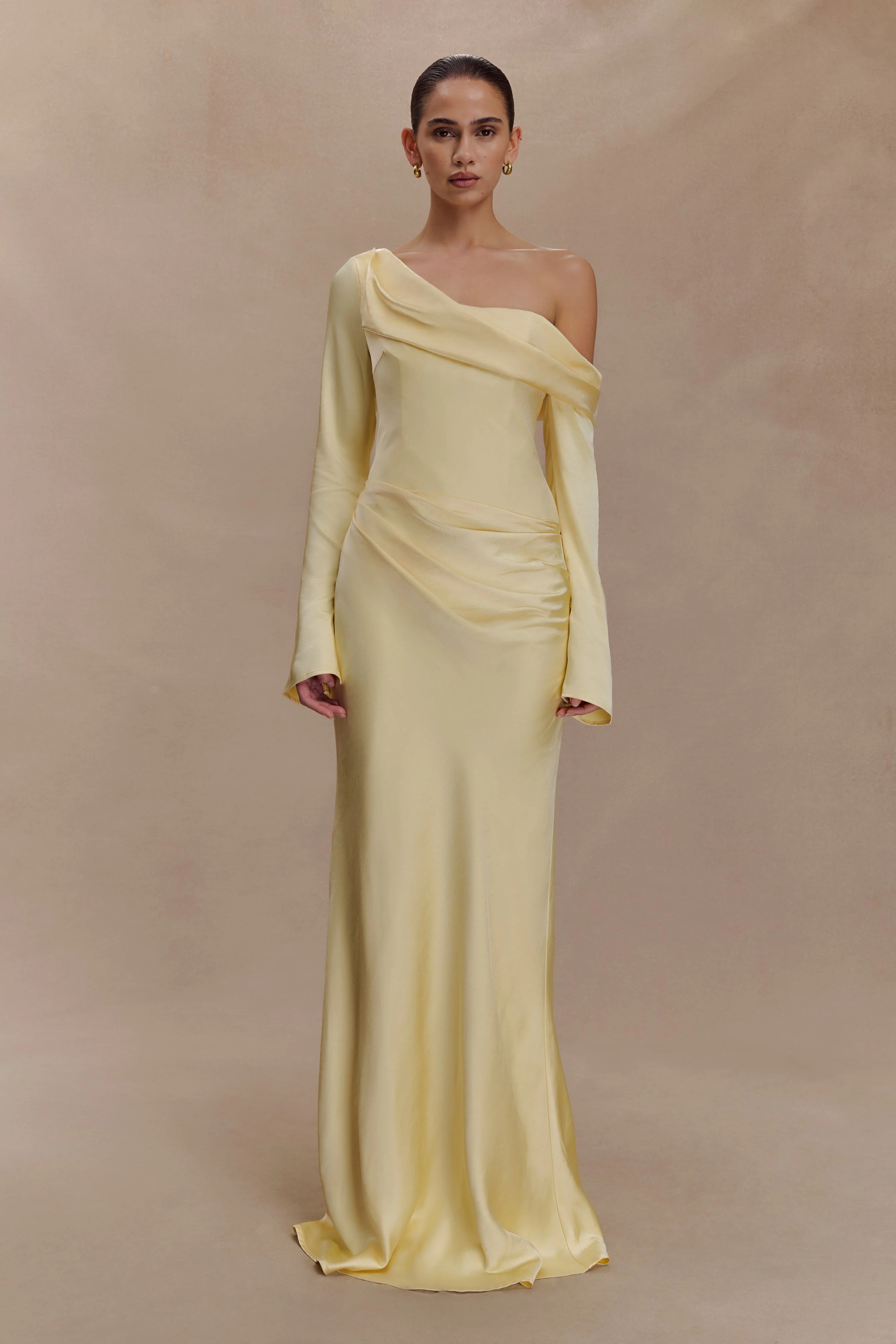 Long Sleeve Satin Maxi Dress - Lemon | MESHKI US