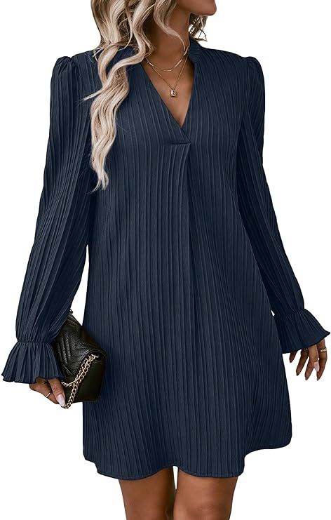 MakeMeChic Women's Casual Notched V Neck Ruffle Flare Long Sleeve Solid Tunic Short Dress | Amazon (US)