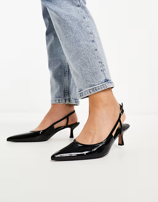 ASOS DESIGN Wide Fit Strut slingback mid heeled shoes black patent | ASOS (Global)