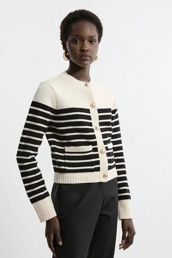 Cotton Cropped Knit Boxy Striped Cardigan | Karen Millen UK + IE + DE + NL