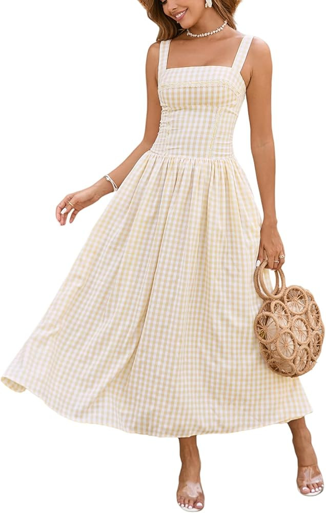 XinFSh Women's 2025 Summer Boho Midi Dress Plaid Square Neck Smocked Dresses Casual Flowy Beach V... | Amazon (US)