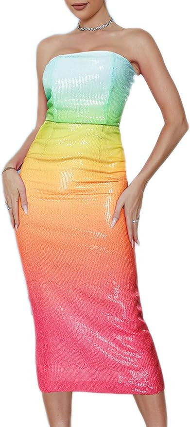 Rainbow Strapless Formal Dress Sequin Maxi Dress Back Slit Prom Evening Gowns Cocktail Party Dres... | Amazon (US)