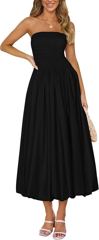 PRETTYGARDEN Women's 2025 Summer Strapless Tube Midi Dress Smocked A Line Bubble Long Flowy Casua... | Amazon (US)