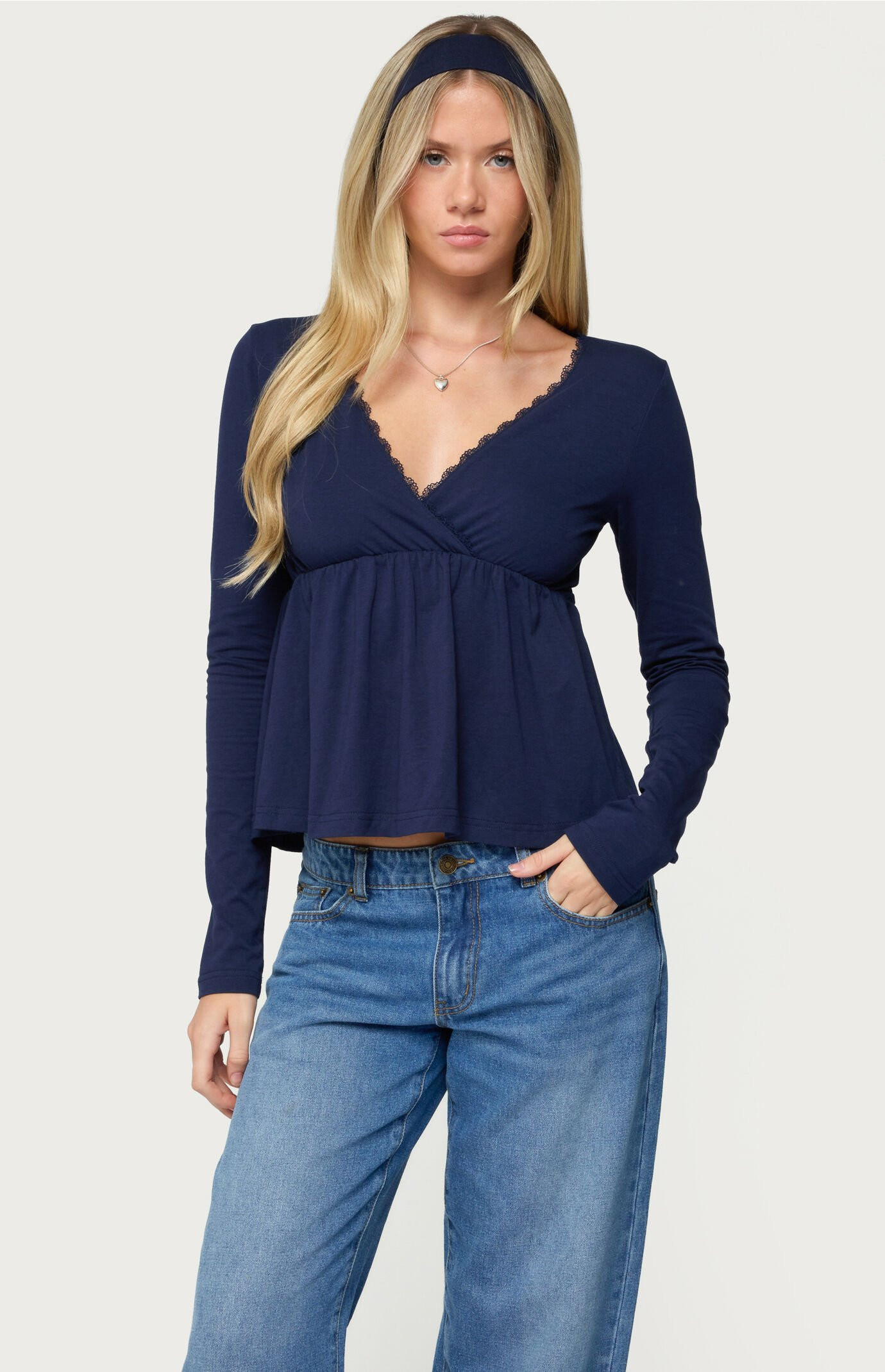 Edikted Women's Kenzie Long Sleeve Babydoll Top in Navy - Size XS | PacSun