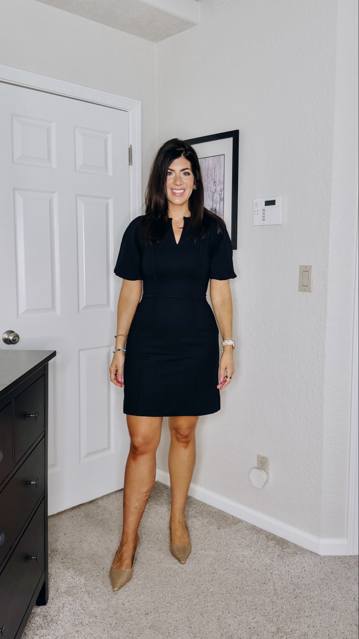 In a large puff sleeve ponte dress 

#LTKMidsize #LTKTall #LTKWorkwear