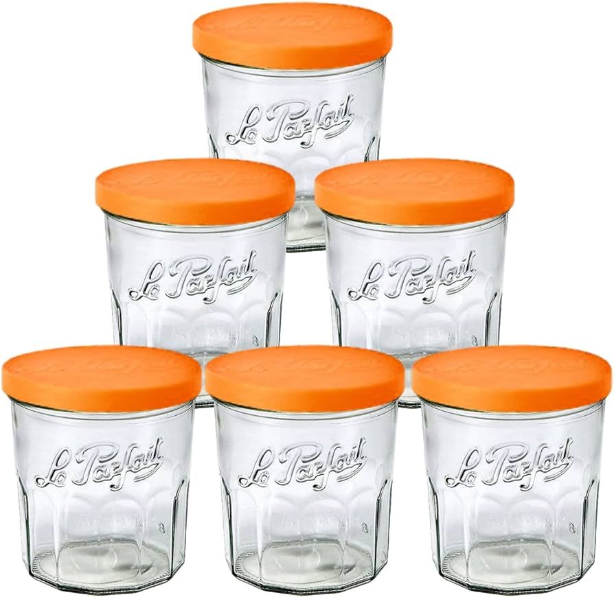 Le Parfait Jam Pots Clear Jars with Orange Snap Lids | Sturdy French Faceted Non-Slip Glass Body ... | Amazon (US)