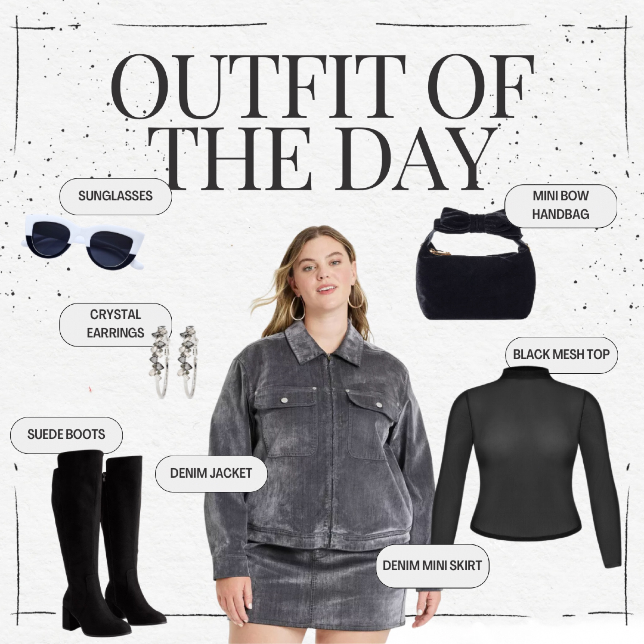 Who says denim can’t be chic? This gray suede-like denim jacket and matching mini skirt feel fresh and fun when paired with a fitted black mesh top. Knee-high suede boots elongate the legs, while the mini bow handbag adds a playful vibe. 

Crystal earrings bring just the right amount of sparkle for a day-to-night transition. This is a great outfit for date night or a stylish casual Friday. Keep the accessories minimal to let the denim shine.

#LTKFindsUnder50 #LTKPlusSize
