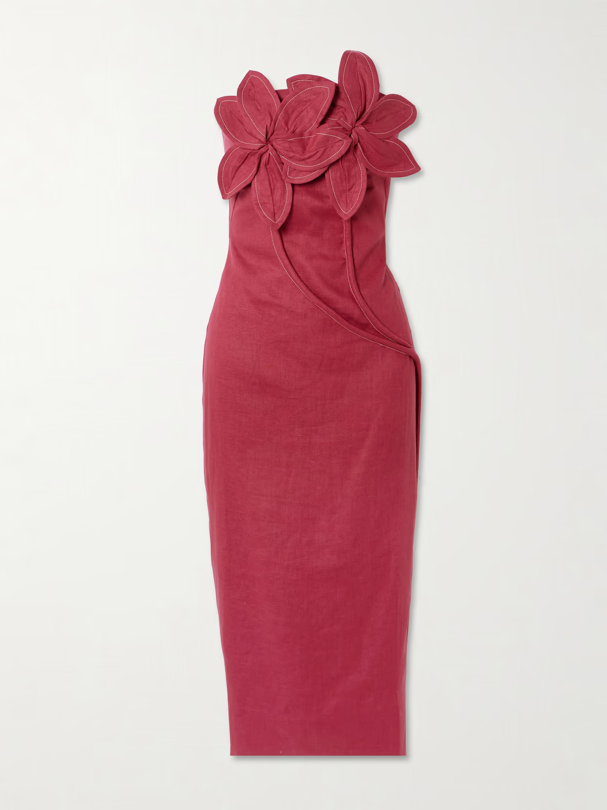 Andres Otalora - Florecer Strapless Appliquéd Linen Midi Dress - Burgundy | NET-A-PORTER (US)