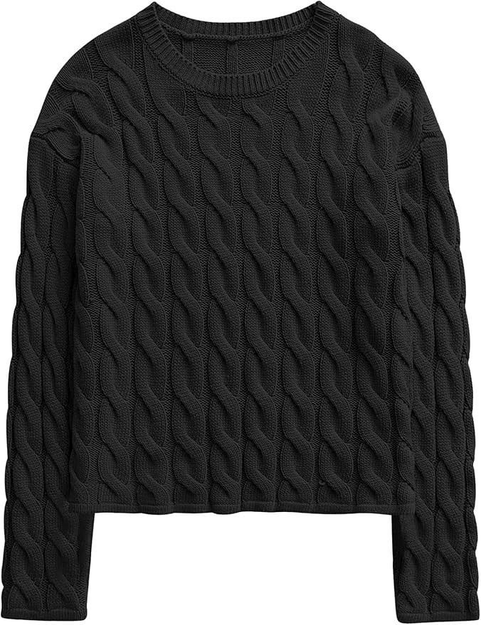 ANRABESS Womens Cable Knit Cropped Sweaters Long Sleeve Crewneck Striped Casual 2024 Fall Pullove... | Amazon (US)