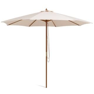 Costway 10 ft. Wooden Outdoor Patio Table Umbrella in Beige with Pulley Height Adjustable OP70866... | The Home Depot