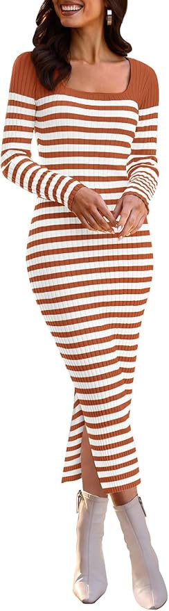 MEROKEETY Women's Fall Long Sleeve Striped Sweater Dress Bodycon Square Neck Ribbed Knit Slit Mid... | Amazon (US)