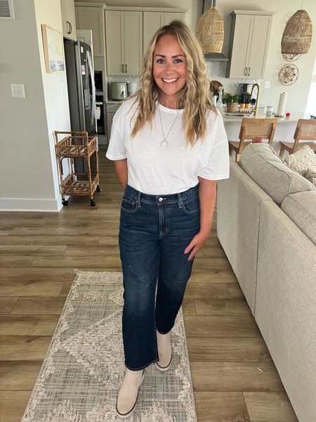 MIDSIZE APPROVED ✅ workwear outfit idea! ✨25% OFF SITEWIDE during the #LTKFallSale✨  I've put together an outfit featuring American Eagle's Dark Denim Jeans in a size 12 (short), paired with a White Aerie T-shirt in a Large. To transition this outfit from casual to corporate, you can layer it with the AE Boyfriend Blazer.

#midsize #curvy #midsizestyle #fallfashion #appleshape #pearshape abercrombie midsize jeans work from home outfits workwear outfit inspo workwear ideas midsize office outfits