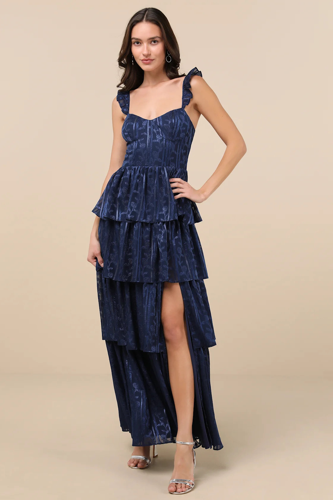 Stunning Glory Navy Blue Floral Jacquard Tiered Maxi Dress | Lulus