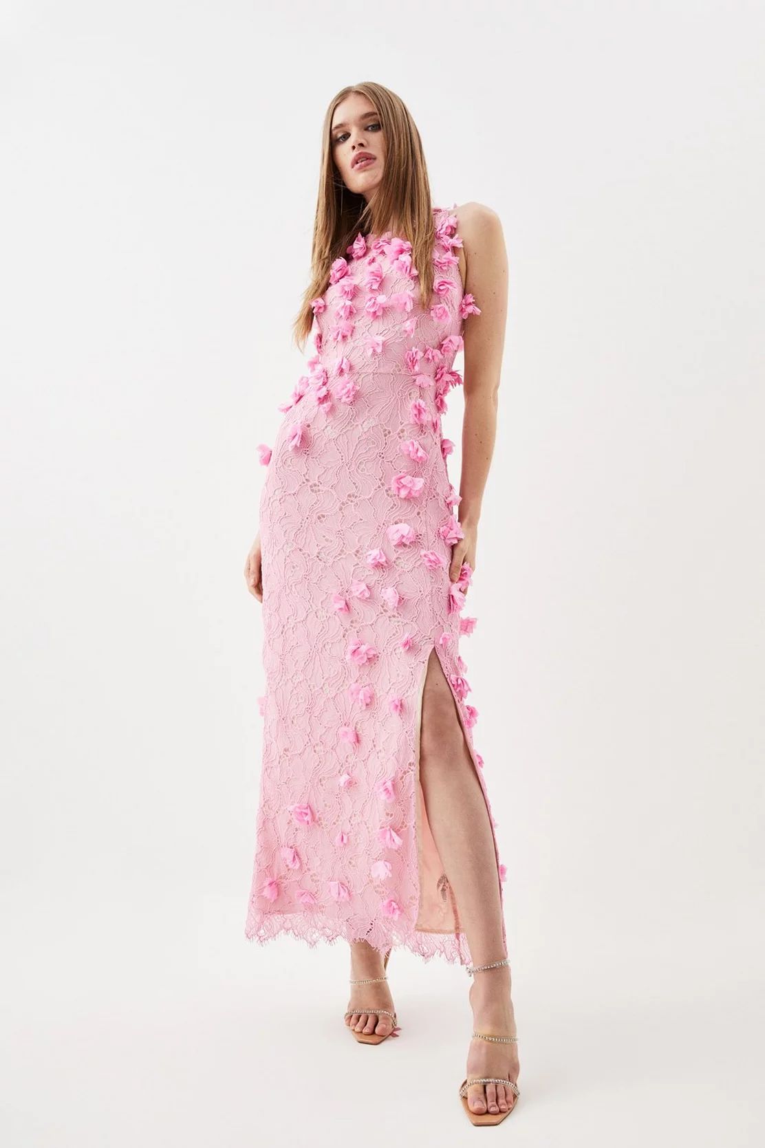 Petite Floral Applique On Lace Woven Midi Dress | Karen Millen US
