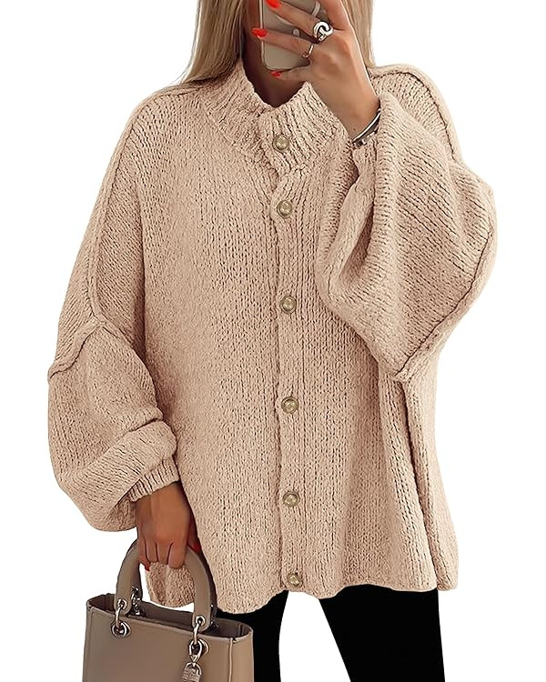 PRETTYGARDEN Women's Winter Button Down Cardigan Sweaters Mock Neck Lantern Long Sleeve Chunky Kn... | Amazon (US)