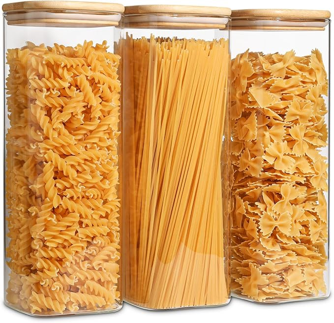 ComSaf Glass Spaghetti Pasta Storage Containers with Lids 2.2 Qt Set of 3, Tall Clear Airtight Fo... | Amazon (US)