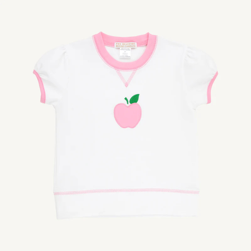 Short Sleeve Cassidy Comfy Crewneck - White & Pink & Apple | The Beaufort Bonnet Company