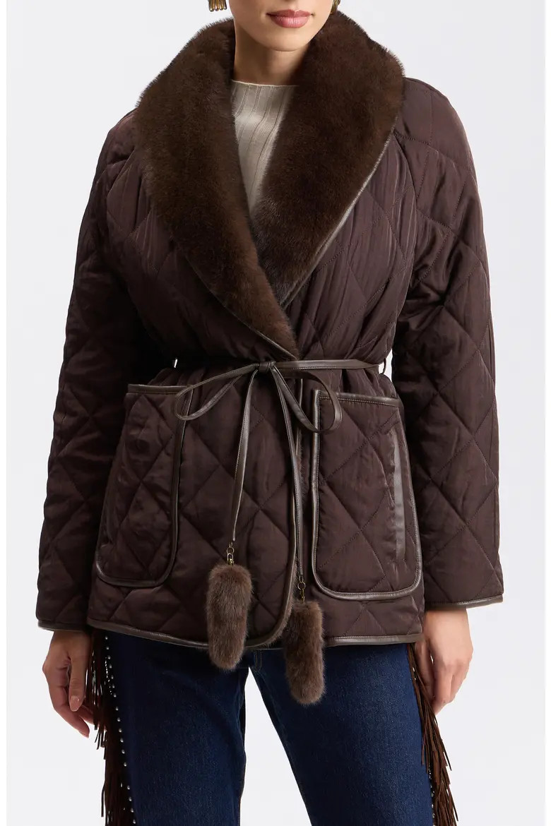 Avec Les Filles Faux Fur Trim Quilted Jacket in Hickory at Nordstrom, Size Xx-Large | Nordstrom