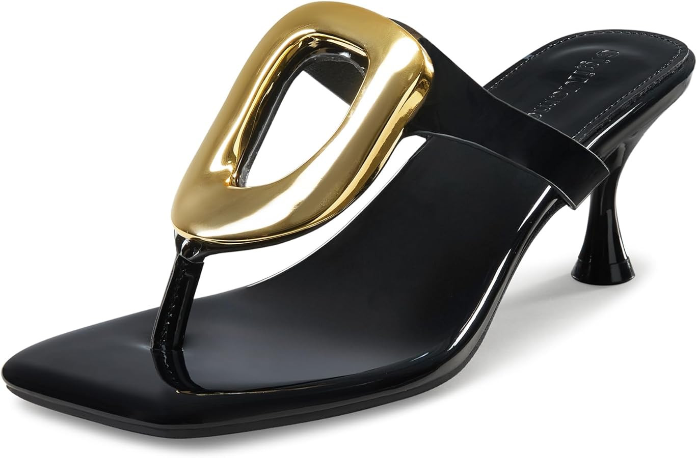 Women's Kitten Heels Sandals Gold Buckle Square Toe 1.8-2 Inch Heeled Sandals for Women Fashion D... | Amazon (US)