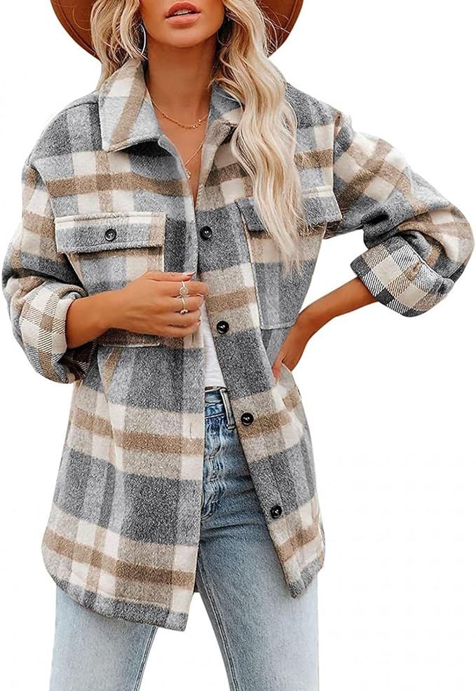 yunSIJ Women's Brushed Plaid Shirts Long Sleeve Lapel Collar Button Down Pocket Casual Loose Over... | Amazon (US)