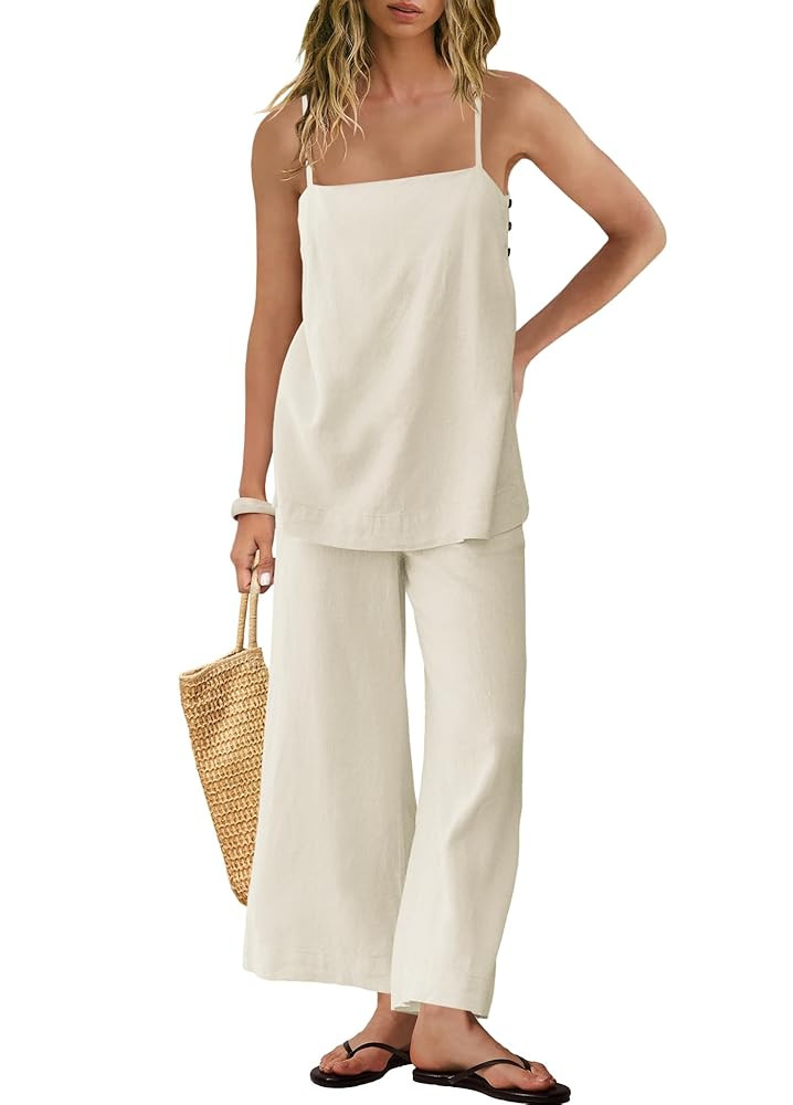 Panadila 2 Piece Linen Set Summer Travel Beach Vacation Outfit Sexy Spaghetti Strap Tank Top and ... | Amazon (US)