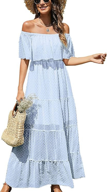 KIRUNDO 2021 Summer Women’s Off Shoulder Maxi Dress Polka Dots Short Sleeves High Waist Pleated... | Amazon (US)