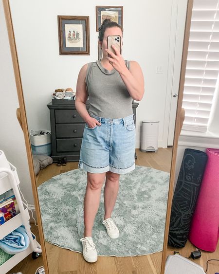 Summer outfit / spring fashion / gray tank top / denim shorts / vacation outfit / long jean shorts / white sneakers 

#LTKSeasonal #LTKover40 #LTKfindsunder100