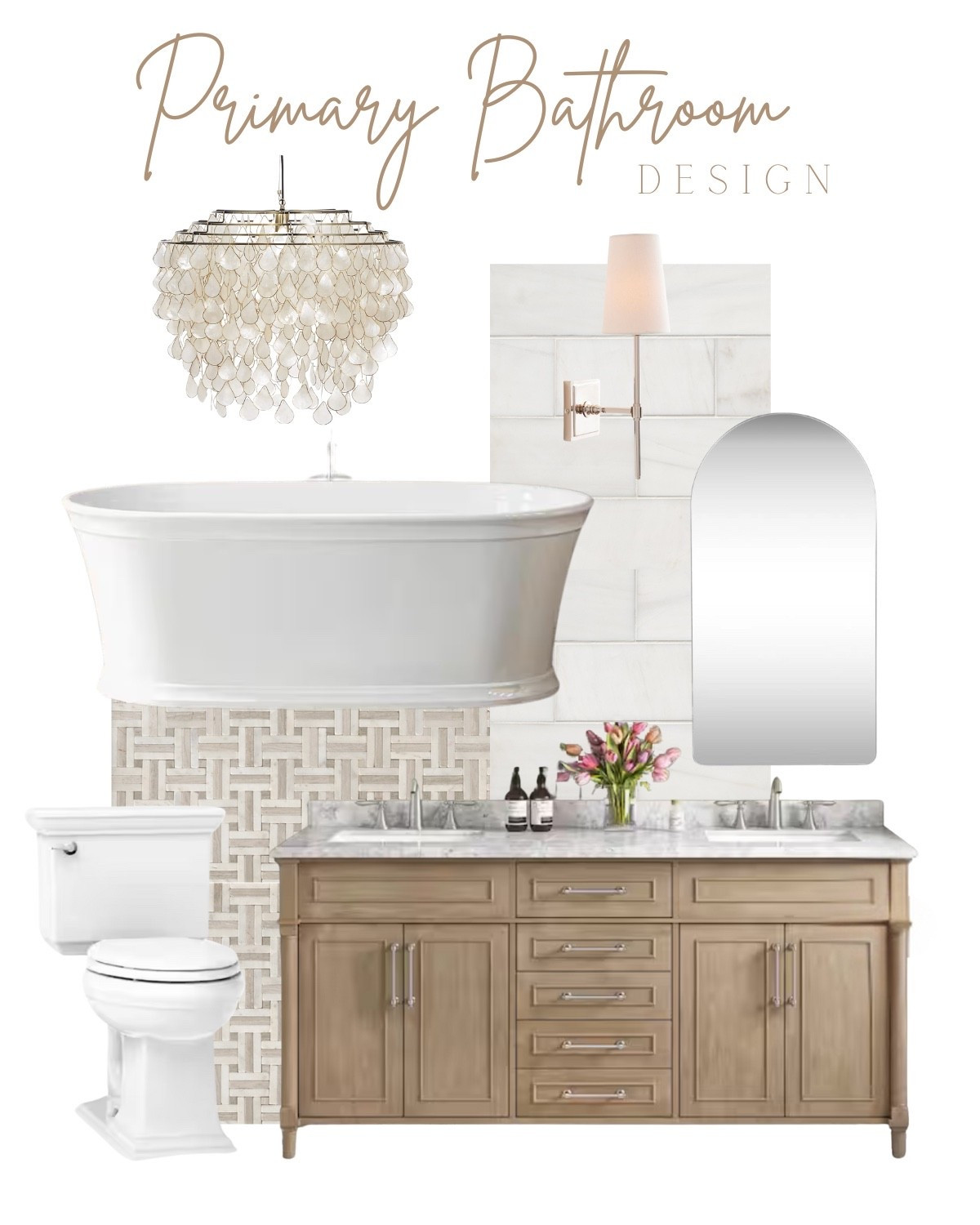 Primary Bathroom Design🤍

Modern coastal style bathroom with double sink vanity, basket weave floor tile, honed marble shower tile, freestanding bath tub, Capiz chandelier, arched mirror, polished chrome wall sconces

#LTKHome #LTKSaleAlert