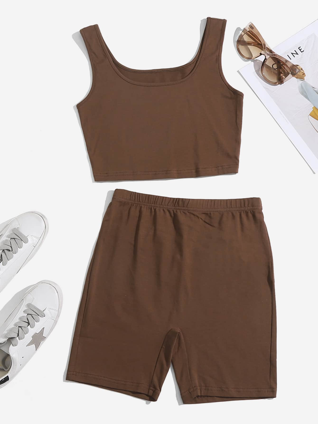 SHEIN Solid Tank Top & Biker Shorts Set | SHEIN